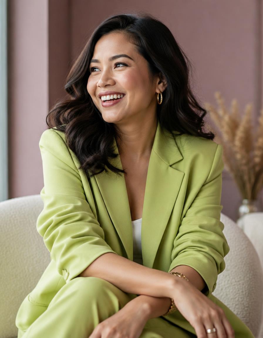 Smiling woman entrepreneur in a lime blazer