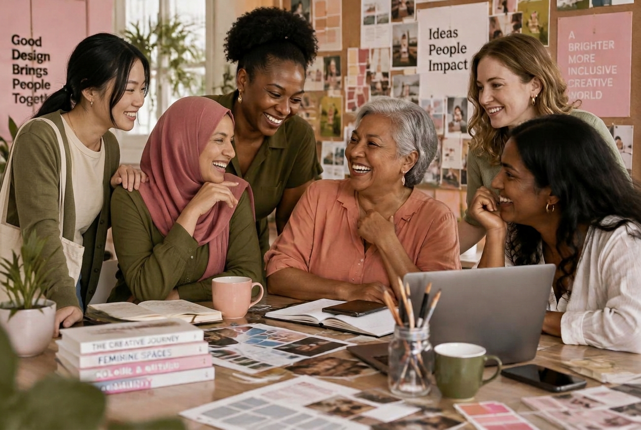 Six women of different backgrounds laughing together around a creative studio table