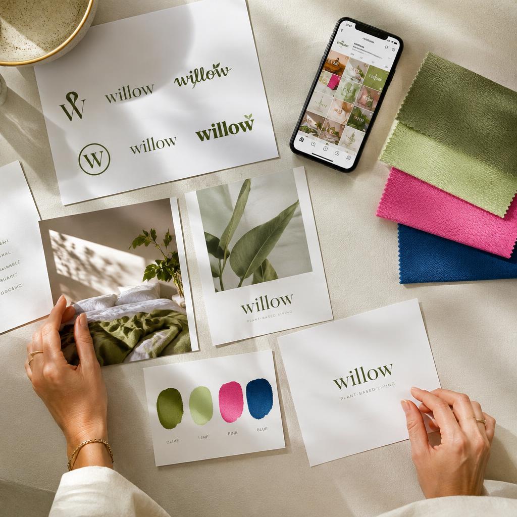Brand moodboard with colour swatches and logo sketches